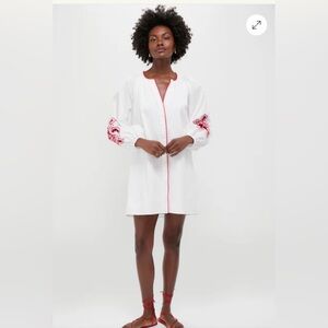 White Mini Dress with Pink Trim and Sleeve Embroidery
